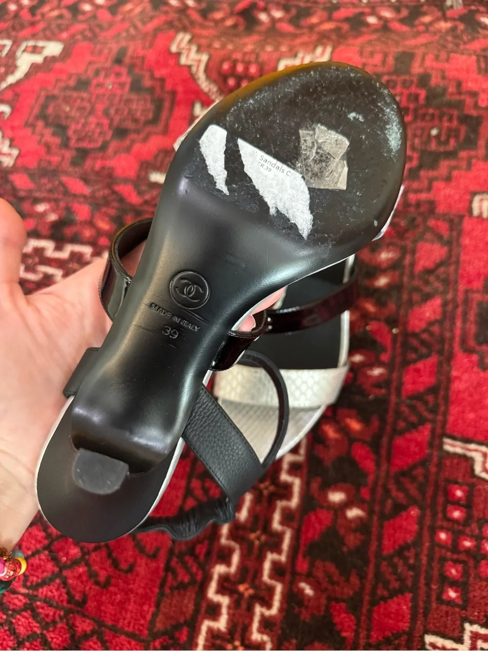 Chanel Silver Black Logo Heels 39